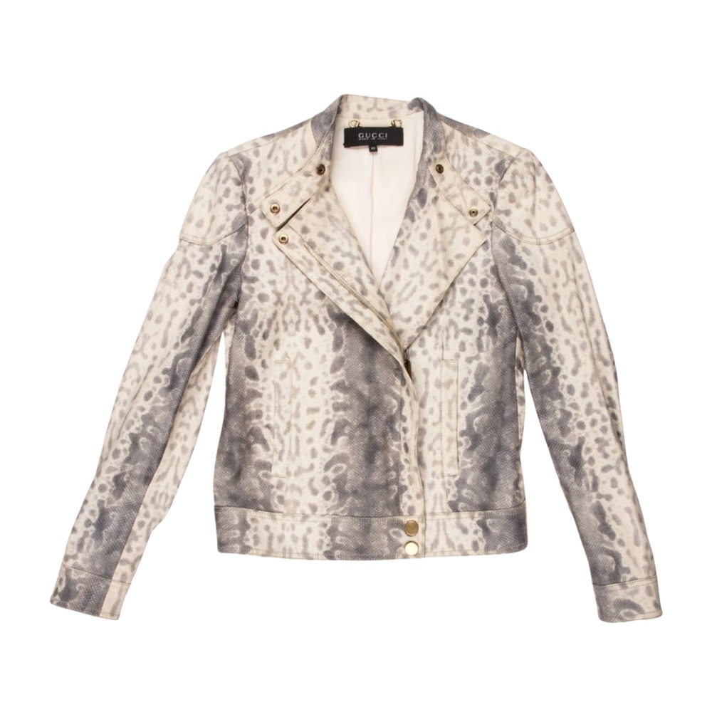 Gucci Tom Ford Vintage Grey and Cream Python Printed Motorcycle Jacket